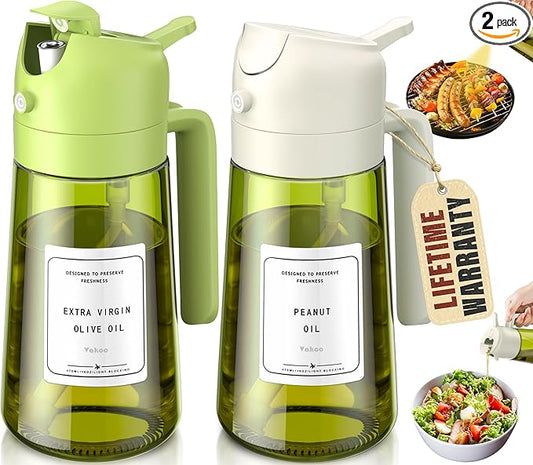 Vakoo Oil Sprayer for Cooking, 2 in 1 Oil Dispenser for Kitchen, 16oz/470ml Light-Blocking Dark Glass Olive Oil Spray Bottle, Air Fryer, Salad & BBQ (Green&White)