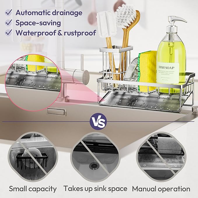 SWTYMIKI Sink Caddy Sponge Holder - Kitchen Sink Organizer with Stainless Steel Self Drain Tray & High Brush Holder for Countertop to Hold Dish Soaps and Sponges, Stainless Steel, Silver - Image 3