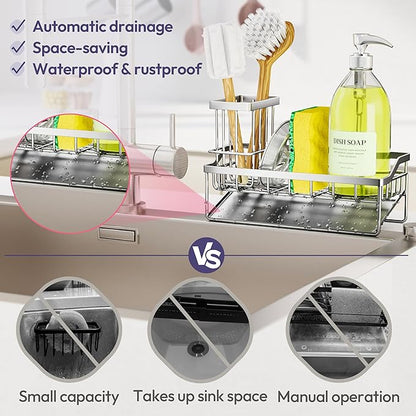 SWTYMIKI Sink Caddy Sponge Holder - Kitchen Sink Organizer with Stainless Steel Self Drain Tray & High Brush Holder for Countertop to Hold Dish Soaps and Sponges, Stainless Steel, Silver - Image 3
