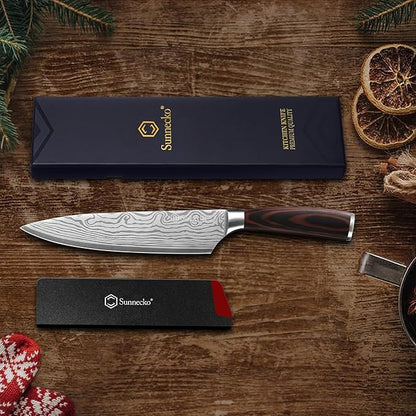 Sunnecko 8 Inch Chef Knife, Professional Japanese Style Kitchen Knife for Meat Vegetable Cutting, Ultra Sharp High Carbon Stainless Steel Blade, Ergonomic Pakkawood Handle & Sheath, Cooking Gift Box