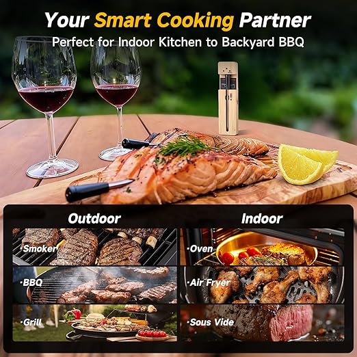 Wireless Meat Thermometer Digital, Long-Range Bluetooth Cooking Thermometer, Remote Tracking & Real-Time Readings for BBQ, Smoker, Air Fryer, Ideal Gift for Home Chef, Pitmaster, Griller