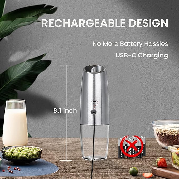 Rechargeable Salt And Pepper Grinder Set with LED Light, Automatic Electric Gravity Salt And Pepper Shakers Set, No Battery Needed, Adjustable Roughness, 2 Pack (Silver) - Image 4