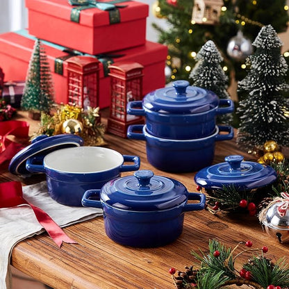 Lareina Mini Cocotte - 12oz Ceramic Casserole Dishes - Kitchen Casserole Sets With Handles And Lid - Small Baking Ramekins - Oven, Microwave & Dishwasher Safe - Set of 4 - Blue - Image 2