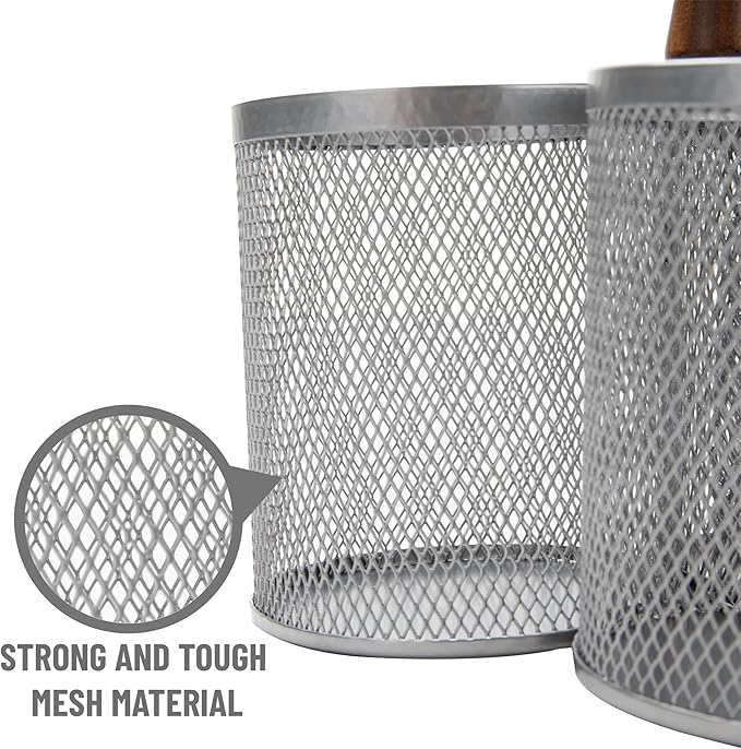 Mind Reader 3-Compartment Mesh Organizer Caddy with Wooden Handle, Multi-Purpose Desktop or Countertop Storage, Metal Mesh, 7.5"L x 7.5"W x 9.75"H, Silver - Image 2