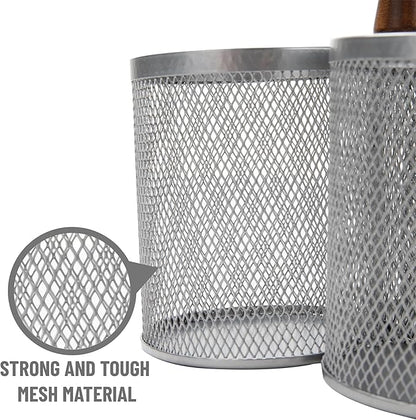 Mind Reader 3-Compartment Mesh Organizer Caddy with Wooden Handle, Multi-Purpose Desktop or Countertop Storage, Metal Mesh, 7.5"L x 7.5"W x 9.75"H, Silver - Image 2