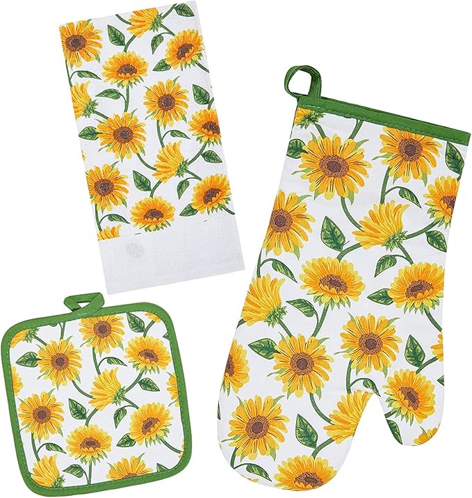 Oven Mitts and Potholders Dish Towles Set 100% Cotton for Perfect for Gifting, Baking, and Everyday Cooking Durable Heat Resistant for Kitchen and Machine Washable (3-Piece Sunflower) by Firstall