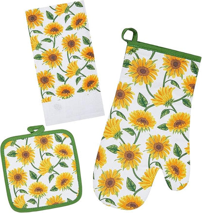 Oven Mitts and Potholders Dish Towles Set 100% Cotton for Perfect for Gifting, Baking, and Everyday Cooking Durable Heat Resistant for Kitchen and Machine Washable (3-Piece Sunflower) by Firstall