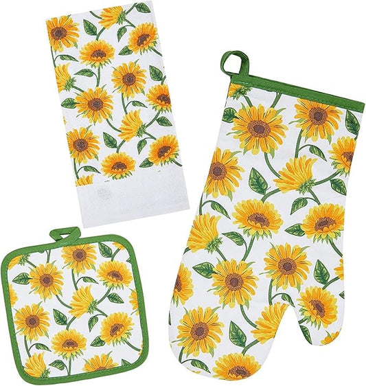 Oven Mitts and Potholders Dish Towles Set 100% Cotton for Perfect for Gifting, Baking, and Everyday Cooking Durable Heat Resistant for Kitchen and Machine Washable (3-Piece Sunflower) by Firstall