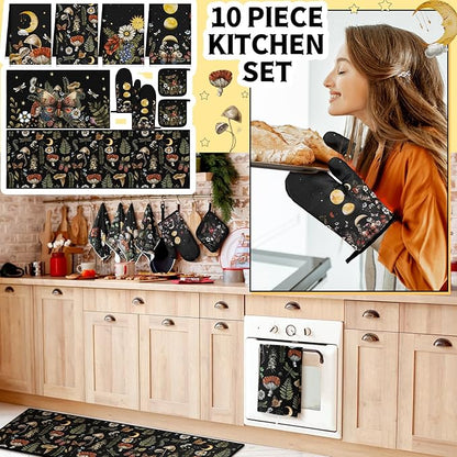Fourluoo 10 Pcs Kitchen Dish Towels Rugs Oven Mitts and Pot Holders Set Farmhouse Kitchen Decor Set for Women Mom Daughter Gift Cooking Baking Grilling(Rustic Color,Rustic Bohemia)
