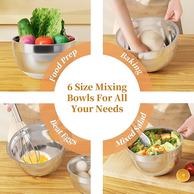 Fyrnova Mixing Bowls with Lids Set, 6 Piece Stainless Steel Nesting Storage Bowls for Kitchen, with 3 Grater Attachments & Non-Slip Bottoms, Size 5.5,3.5,2.5,2.1,1.5,1.1 QT - Image 7