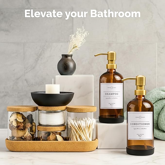 Vine Creations Amber Glass Soap Dispenser, 2 Pack Kitchen Soap Dispenser Set with Stainless Steel Pump, 16 oz Dish Soap and Hand Soap Dispensers for Bathroom with Waterproof Labels - Image 6