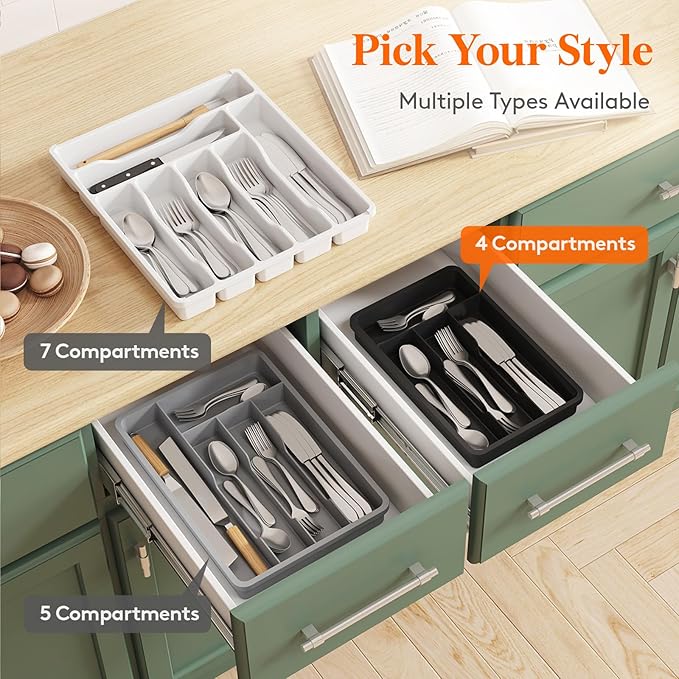 Lifewit Silverware Drawer Organizer Tray, Plastic Cutlery Storage for Kitchen, Flatware and Utensil Holder Divider for Spoons Forks Knives Tableware, 7.8 x 12.4", 4 Slots, Gray - Image 9