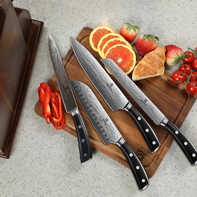 Piklohas Knife Sets for Kitchen with Block, 17 Pieces with Magnetic Knife Holder, German High Carbon Stainless Steel Damascus Pattern Chef Knife Set