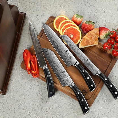 Piklohas Knife Sets for Kitchen with Block, 17 Pieces with Magnetic Knife Holder, German High Carbon Stainless Steel Damascus Pattern Chef Knife Set
