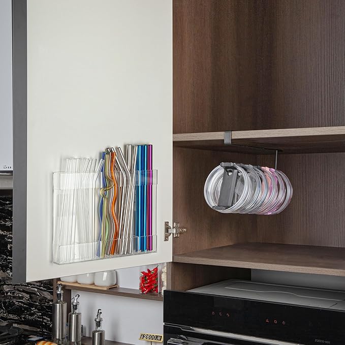 Kitchen Cabinet Straw Holder: Acrylic Organizer and Hanging Lid Rack with Adhesive for Door – Cup Tumbler Accessories Storage Set - Image 6