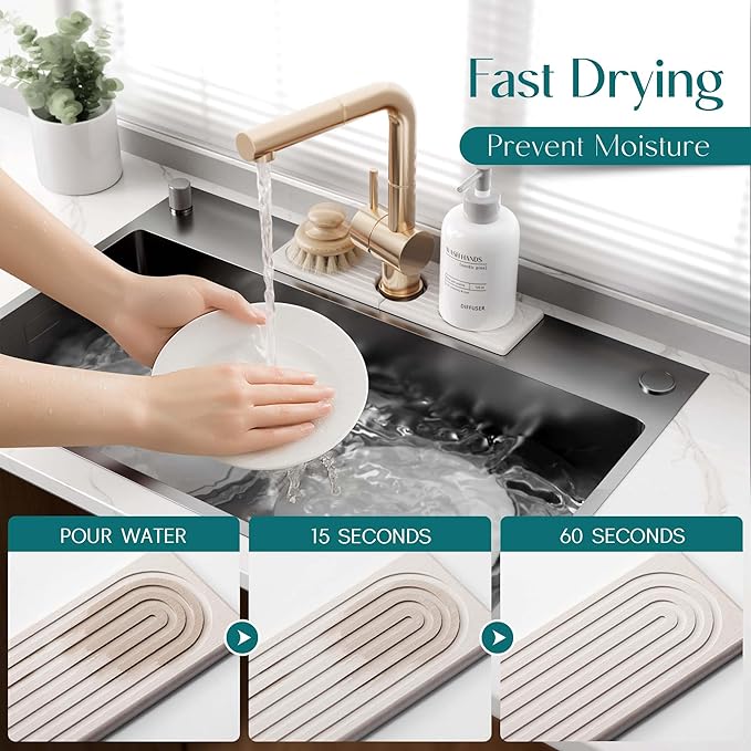 eormoe Diatomite Kitchen Faucet Mat - 14Inch Water Absorbing Stone Tray for Sink, Stone Fast-Drying Faucet Mat for Kitchen Counter Sink Accessories (Light Grey, 14'' x 3.9'') - Image 3