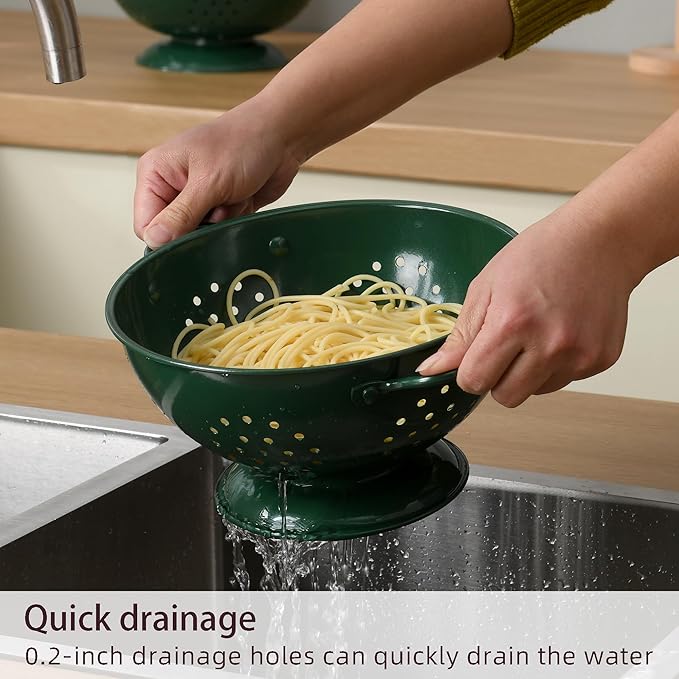 Metal Colander Set of 3, Strainer Basket with Handles perfect for Spaghetti, Pasta, Berry, Vegetable, Fruit, Solid Base Powder Coated Kitchen Essential Strainer Set, 1 & 3.5 & 5 Qt (Dark Green) - Image 3
