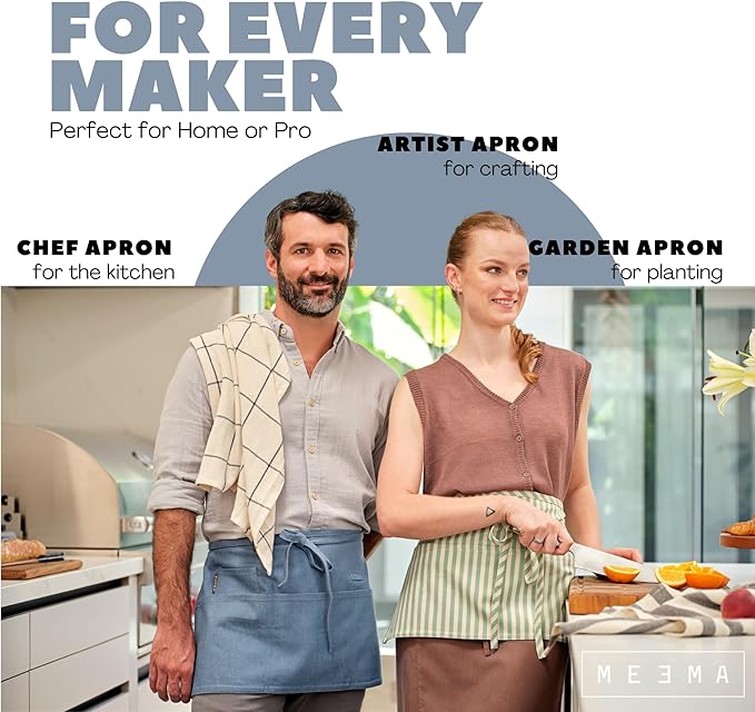 MEEMA Chef Waist Apron Cotton Fabric |Washable & Breathable Waitress & Server Half Aprons for Women with Pockets & Long Waist Straps | Cooking, Baking, Grilling & Crafting