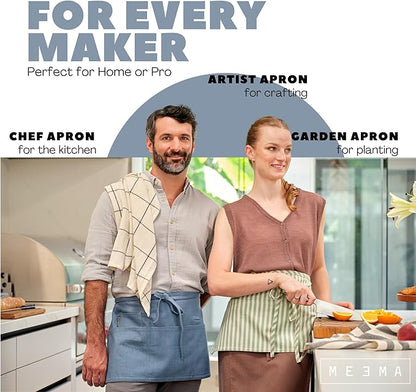 MEEMA Chef Waist Apron Cotton Fabric |Washable & Breathable Waitress & Server Half Aprons for Women with Pockets & Long Waist Straps | Cooking, Baking, Grilling & Crafting