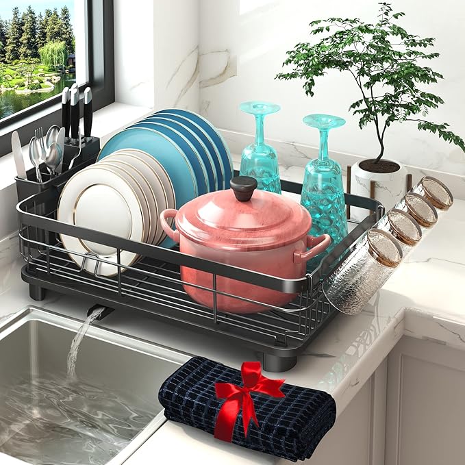Godboat Dish Drying Rack, Dish Rack with Auto-Drain & Mat, Dish Drainers for Kitchen Counter, Glass Organizer for 4 Cups, 3 Slots Utensil Holder, Gifts for Women Mothers Day, Kitchen Gadgets & Decor by Godboat