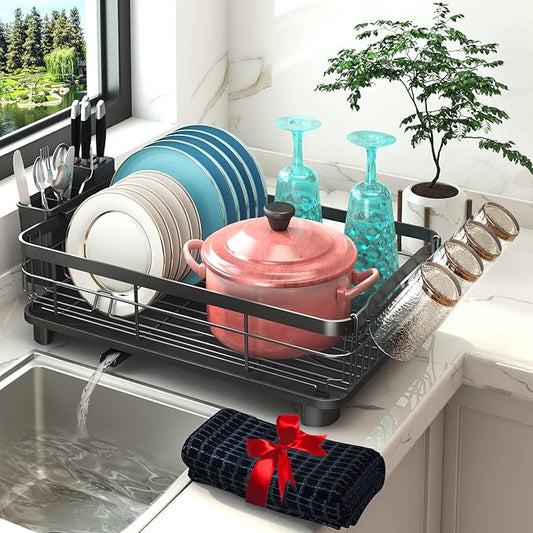 Godboat Dish Drying Rack, Dish Rack with Auto-Drain & Mat, Dish Drainers for Kitchen Counter, Glass Organizer for 4 Cups, 3 Slots Utensil Holder, Gifts for Women Mothers Day, Kitchen Gadgets & Decor by Godboat