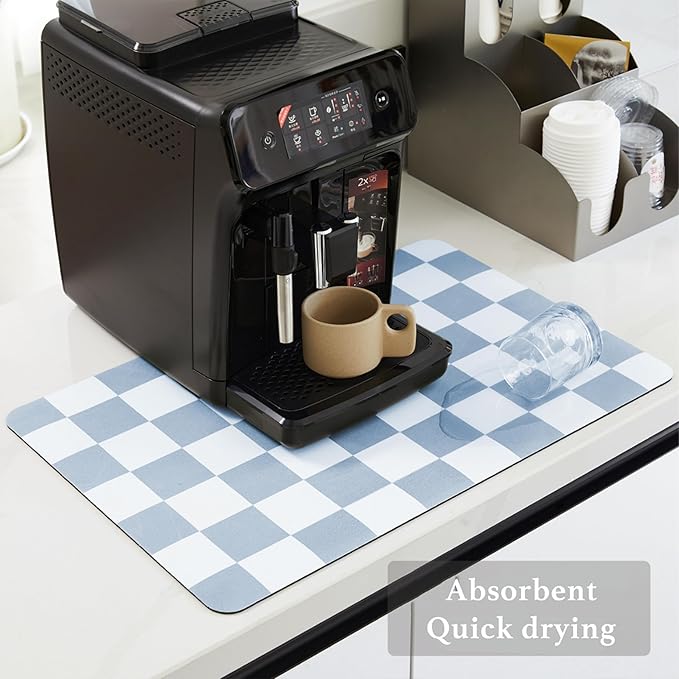 Checkered Dish Drying Mat for Kitchen Counter, Coffee Bar Station Accessories, Retro Cute Aesthetic Absorbent Coffee Mat Kitchen Drying Mat Easy Clean, Blue 12" x 19" - Image 4