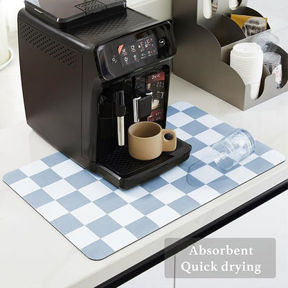 Checkered Dish Drying Mat for Kitchen Counter, Coffee Bar Station Accessories, Retro Cute Aesthetic Absorbent Coffee Mat Kitchen Drying Mat Easy Clean, Blue 12" x 19" - Image 4