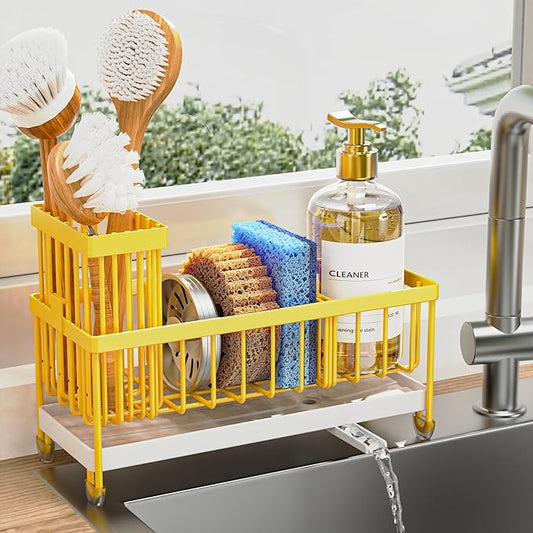 Cisily Sponge Holder for Kitchen Sink, Sink Caddy Organizer with High Brush Holder, Kitchen Countertop Organizers, 304 Stainless Steel, Lemon Yellow Kitchen Decor and Accessories by CISILYHOMELIFE