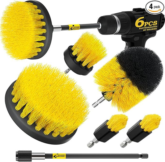 Holikme 6Pack Drill Brush Power Scrubber Cleaning Brush Extended Long Attachment Set All Purpose Drill Scrub Brushes Kit for Grout, Floor, Tub, Bathroom and Kitchen Surface,Scratch Brushes（Yellow） by Holikme