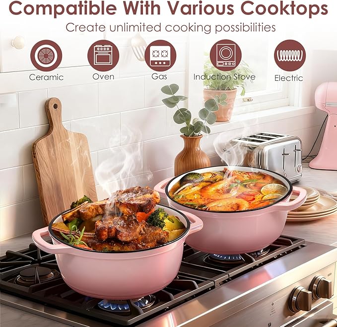 Cast Iron Dutch Oven Pot With Lid - AIVIKI 5QT Enameled Dutch Oven for Bread Baking With Cotton Potholders - Heavy- Duty Cookware Across All Cooktops, Wedding Registry Ideas & Gifts, Pink - Image 6