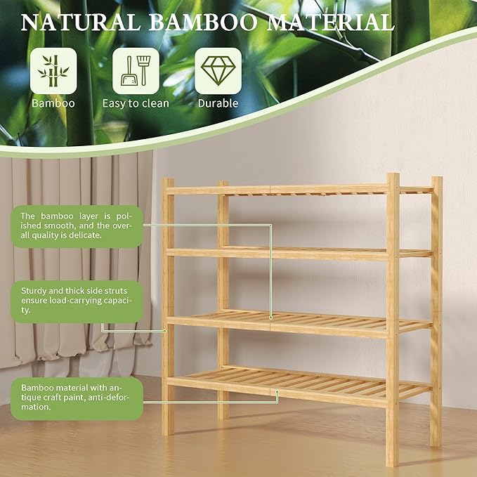 ROMGUAR CRAFT 4 Tier (Thick) Bamboo Shoe Rack for Closet Free Standing Wood Shoe Shelf for Entryway Small Space Stackable 27"x12"x28" (Natural) - Image 5