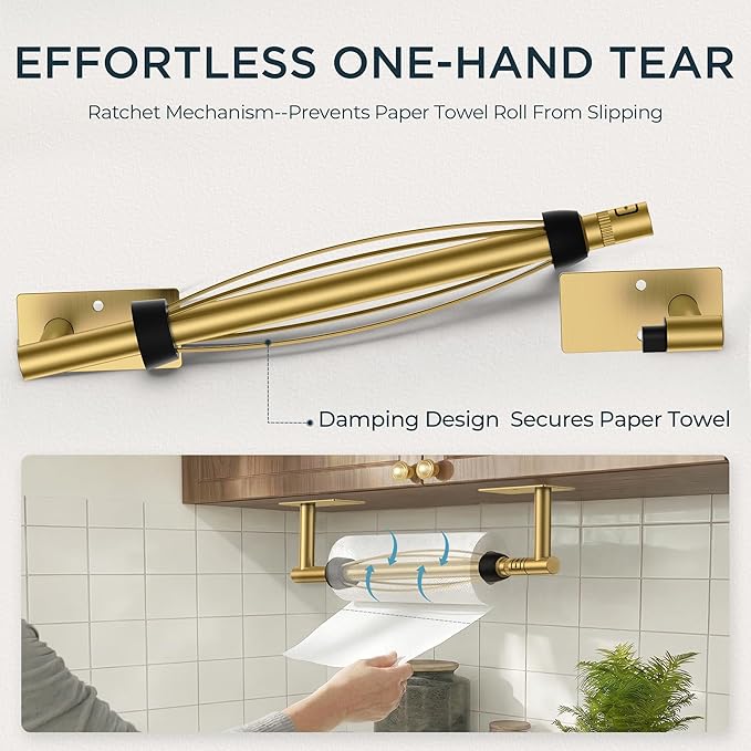 FORIOUS Paper Towel Holder Under Cabinet, Single Hand Operable with Adjustable Damping for Easy Tear, Adhesive or Drill Wall Mount, 304 Commercial Paper Towel Holder for Kitchen Bathroom, Brushed Gold - Image 4