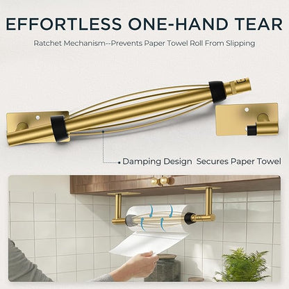 FORIOUS Paper Towel Holder Under Cabinet, Single Hand Operable with Adjustable Damping for Easy Tear, Adhesive or Drill Wall Mount, 304 Commercial Paper Towel Holder for Kitchen Bathroom, Brushed Gold - Image 4