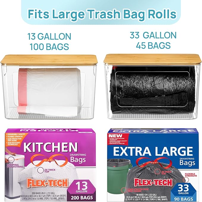 Vtopmart 2 Pack Trash Bag Holder with Bamboo Lid, Stackable Garbage Bag Dispenser for 13/30/33 Gallon Bags, Clear Organizer Bins for Under Kitchen Sink, Laundry Room Organization and Storage - Image 3