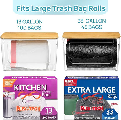 Vtopmart 2 Pack Trash Bag Holder with Bamboo Lid, Stackable Garbage Bag Dispenser for 13/30/33 Gallon Bags, Clear Organizer Bins for Under Kitchen Sink, Laundry Room Organization and Storage - Image 3