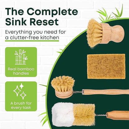 Tieralia Bamboo Dish Brush Set 5 Piece – Eco Friendly Kitchen Cleaning Kit with Bottle Brush, Long Dish Brush, Palm Scrubber & 2 Plant-Based Sponges | Plastic-Free Natural Dish Scrubber - Image 7