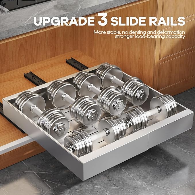 Seinloes 4Pack Expandable Pull Out Cabinet Organizer 21" Deep with Raising Pad for Framed Cabinets,Slide Out Drawers with 4pcs Divider Racks,Roll Out Shelves,Adjustable Width 12.05"-20.4" Silver - Image 5