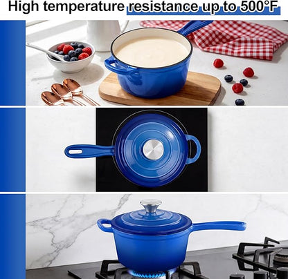 1 Quart Saucepan with Lid, Leonyo Enameled Cast Iron Dutch Oven Pot, Non Stick Small Cooking Pots Kitchen Induction Cookware for All Cooktops Cooking Pasta, Soup, Ramen - Up to 500°F, Dark Blue