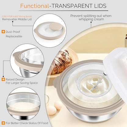 HaWare Mixing Bowls, 24-Piece Stainless Steel Salad Serving Bowl with Airtight Clear Lids, Metal Nesting Bowl For Kitchen Cooking Prepping Storing with 3 Graters, 4.6/2.6/1.5/1/0.7 QT, Khaki