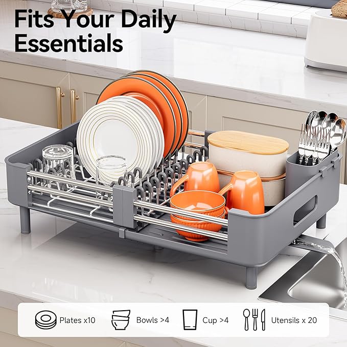 Urackify Stainless Steel Dish Drying Rack - Dish Drainer for Kitchen Counter, Extendable Drainboard with Foldable, Space-Saving Cup & Bowl Organizer, Includes Knife and Utensil Holder, Gray - Image 2