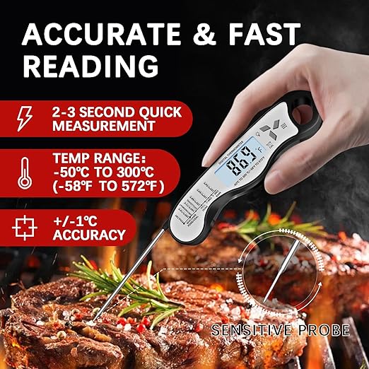 Meat Thermometer Digital，IP67 Waterproof Cooking Thermometer with Backlight, Calibration & Hold Function，Food Thermometer for Cooking,Outdoor Grilling，Suitable as Stocking Stuffers for Men (White-2) - Image 2