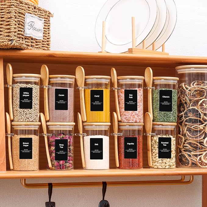 ComSaf 12 Pcs Glass Spice Jars and Spoons, 8oz Glass Containers with Bamboo Lids, Storage Containers with Airtight Lids with Black Labels for Seasonings, Salt, Loose Leaf Tea Storage - Image 7
