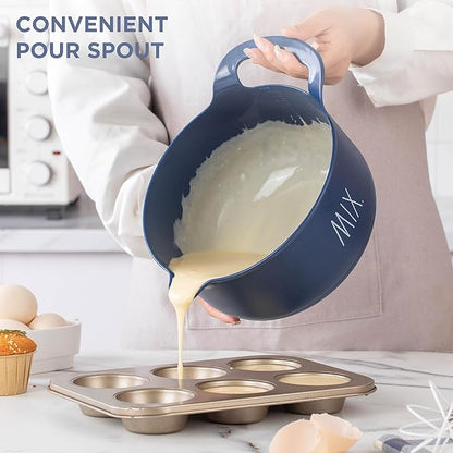 Rae Dunn Non-Slip Mixing Bowls - 4 Piece Nesting Plastic Mixing Bowl Set with Pour Spouts and Handles-Measurement Markings (Cream)