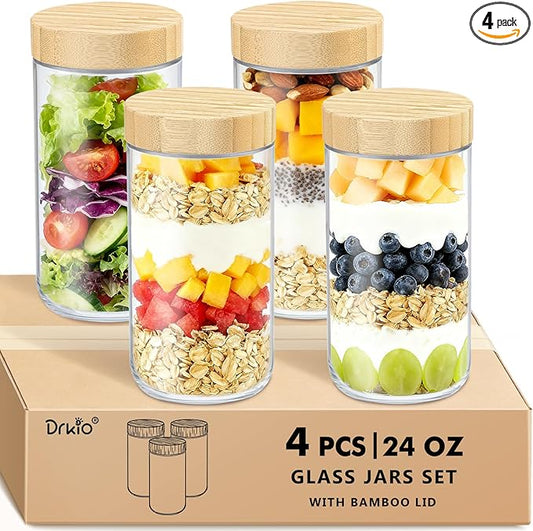 DRKIO 24 Oz Overnight Oats Containers with Bamboo Lids - 4 Pack Glass Storage Jars with Airtight Lids Wide Mouth Mason Food Jars Great for Meal Prep Salad Chia Pudding Snacks Yogurt Sugar Spice