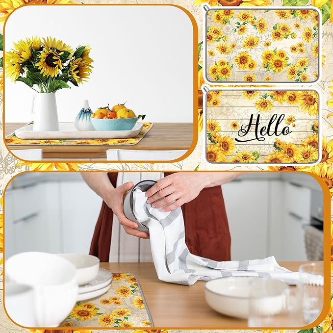 Zonon Dish Drying Mat for Kitchen Counter 16 x 24 Microfiber Absorbent Dish Drainer Rack Pads Fast Dry Mat Vintage Kitchen Decorations(Yellow,16" X 24",Sunflower) - Image 4