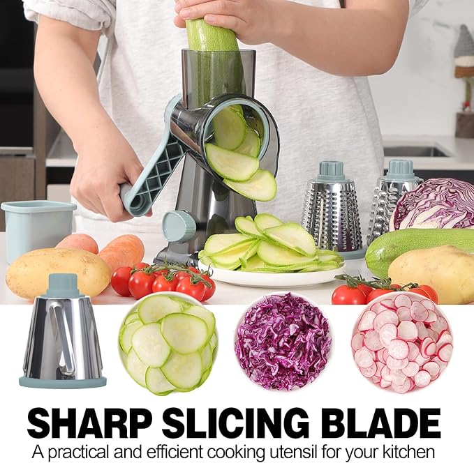 Cheese Grater Cheese Shredder with 3 Interchangeable Blades, Rotary Cheese Grater Manual Vegetable Slicer with Non-slip Suction Base Peanut Nuts Grinder Vegetable Shredder Clear - Image 4