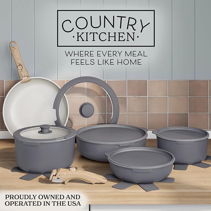 Country Kitchen Cookware Set with Removable Handle, Oven & RV Safe Pots and Pans Set, Grey/Ivory Wood Handle, Original - Image 2