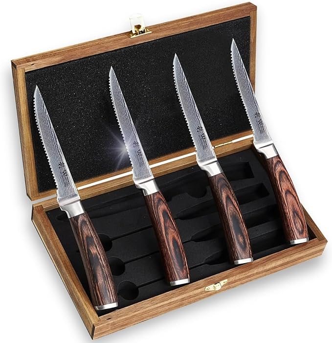 Wakoli EDIB 4-Piece Damascus Steak Knife Set – Professional Dining Kitchen Knives with VG10 Core Blades, 67-Layer Damascus Steel & Ergonomic Pakkawood Handles – Premium Steak Cutlery in Gift Box