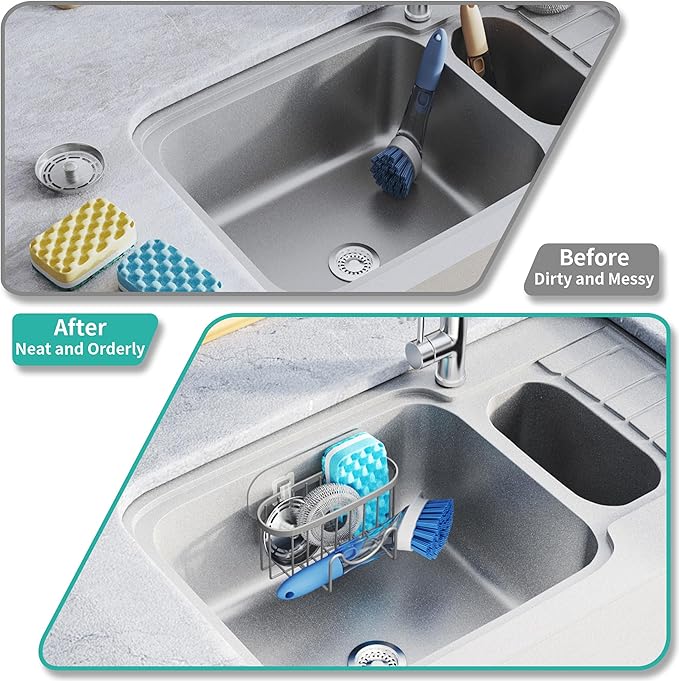 HapiRm Sponge Holder for Kitchen Sink - Sink Caddy with Unique M-Shaped, 2 Installation Methods Kitchen Organizer, Rustproof Stainless Steel Sponge Caddy - Grey - Image 7