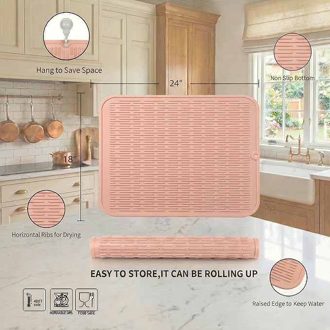 MicoYang Silicone Dish Drying Mat for Multiple Usage,Easy clean,Eco-friendly,Heat-resistant Silicone Mat for Kitchen Counter or Sink,Refrigerator or Drawer Liner Pink 2XL 24 inches x 18 inches - Image 2